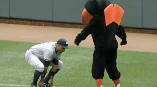 Illustration for article titled Curtis Granderson And The Orioles's Mascot Shared A Moment This Afternoon